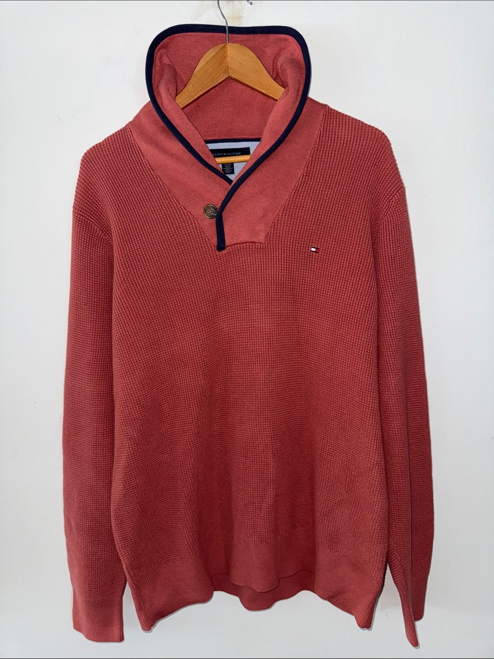 Vintageβ Tommy Hilfiger Red Ribbed Shawl Collar Sweater Men's Size XL